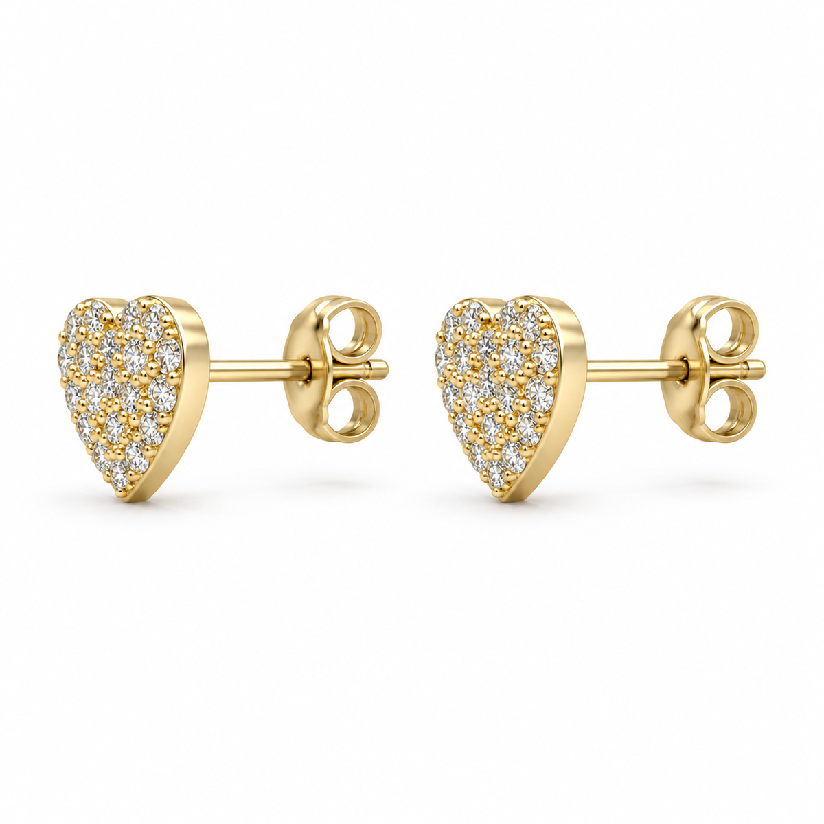 14K Solid Yellow Gold White Mini Heart Earrings Full CZ (Screwback) - side view