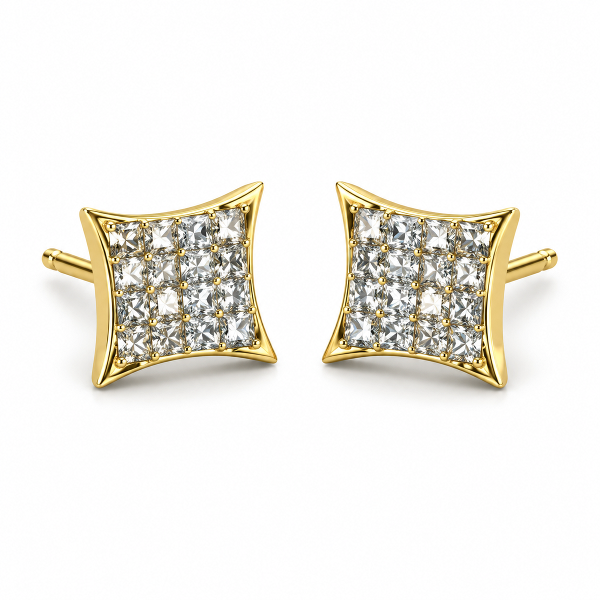 14K Yellow Gold Diamond Princess Cut Earrings 8mm - 45 degree view