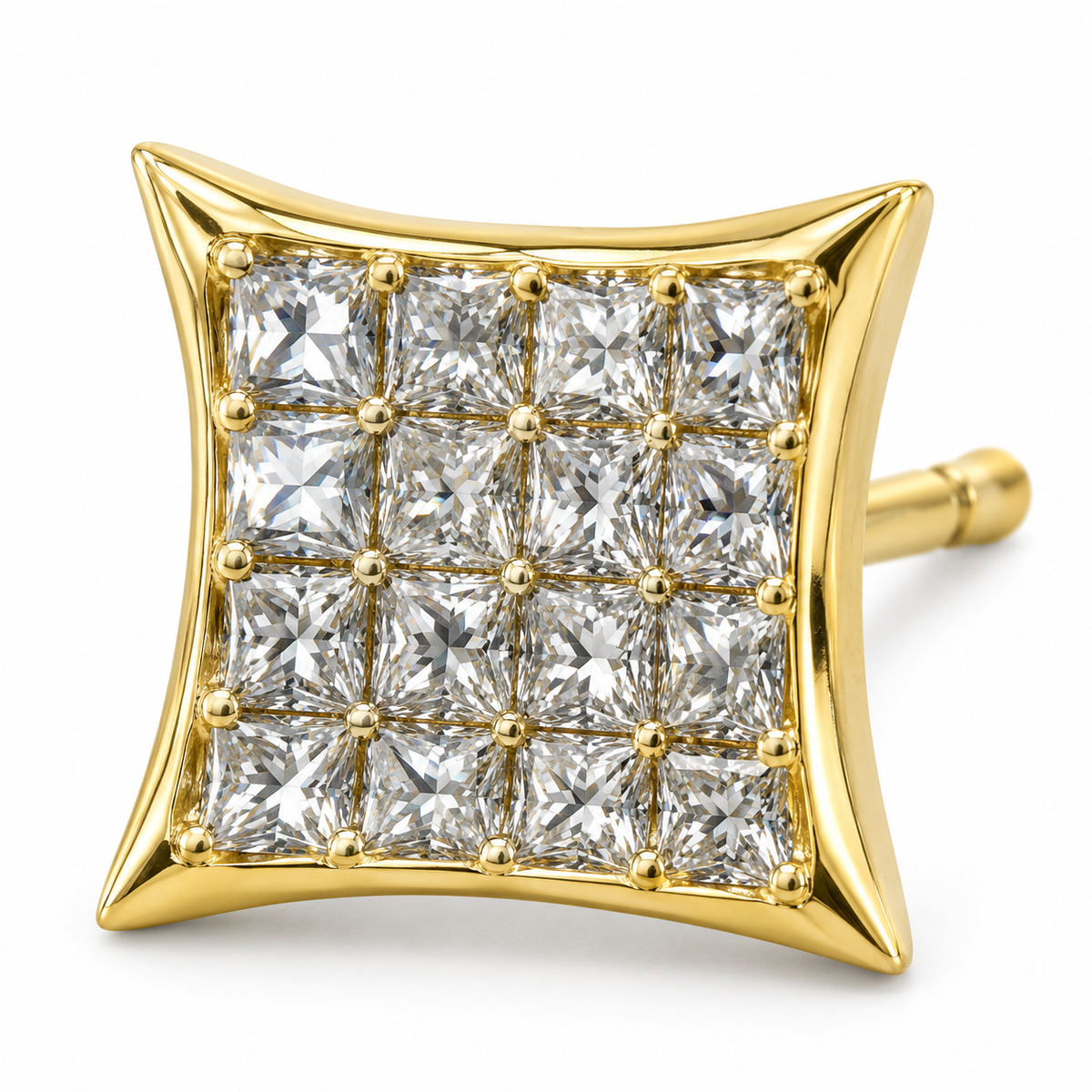 14K Yellow Gold Diamond Princess Cut Earrings 8mm - macro detail