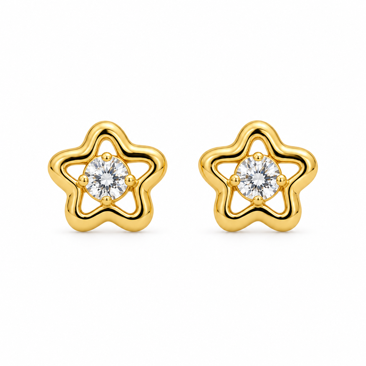 14K Yellow Gold Elegant Star Baby Earrings - front view