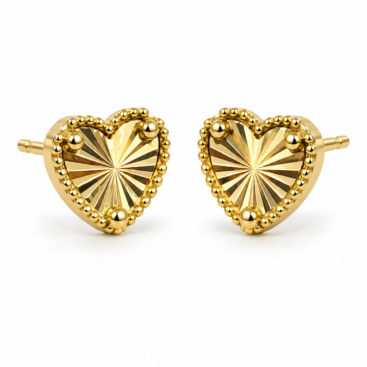 14K Yellow Gold Fancy Heart Earrings - front view