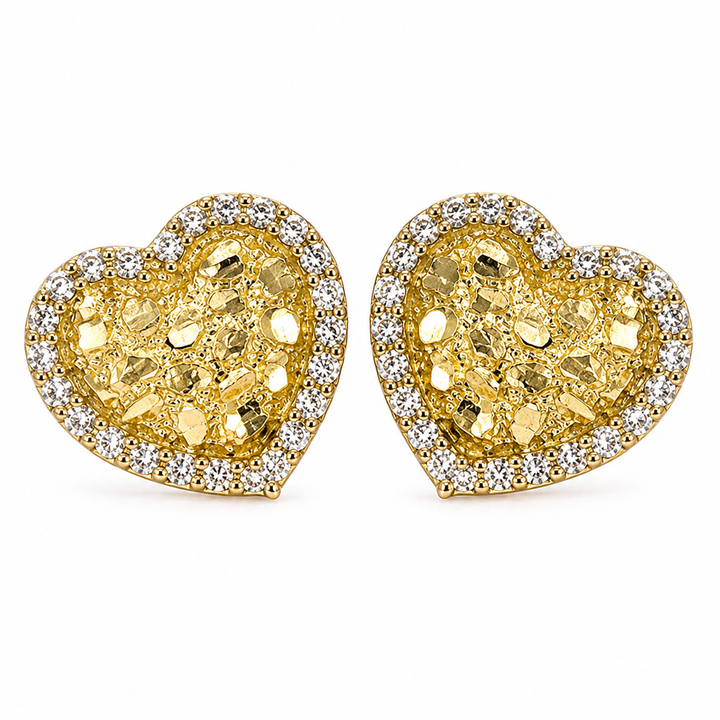 14K Yellow Gold Heart Nugget Earrings with CZ Border - front view
