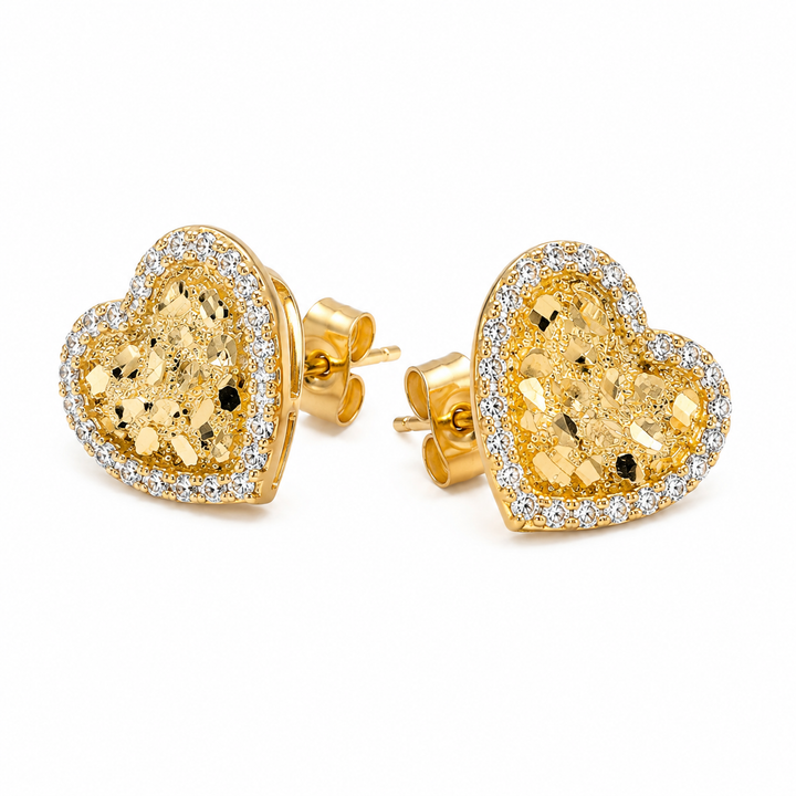 14K Yellow Gold Heart Nugget Earrings with CZ Border - front view