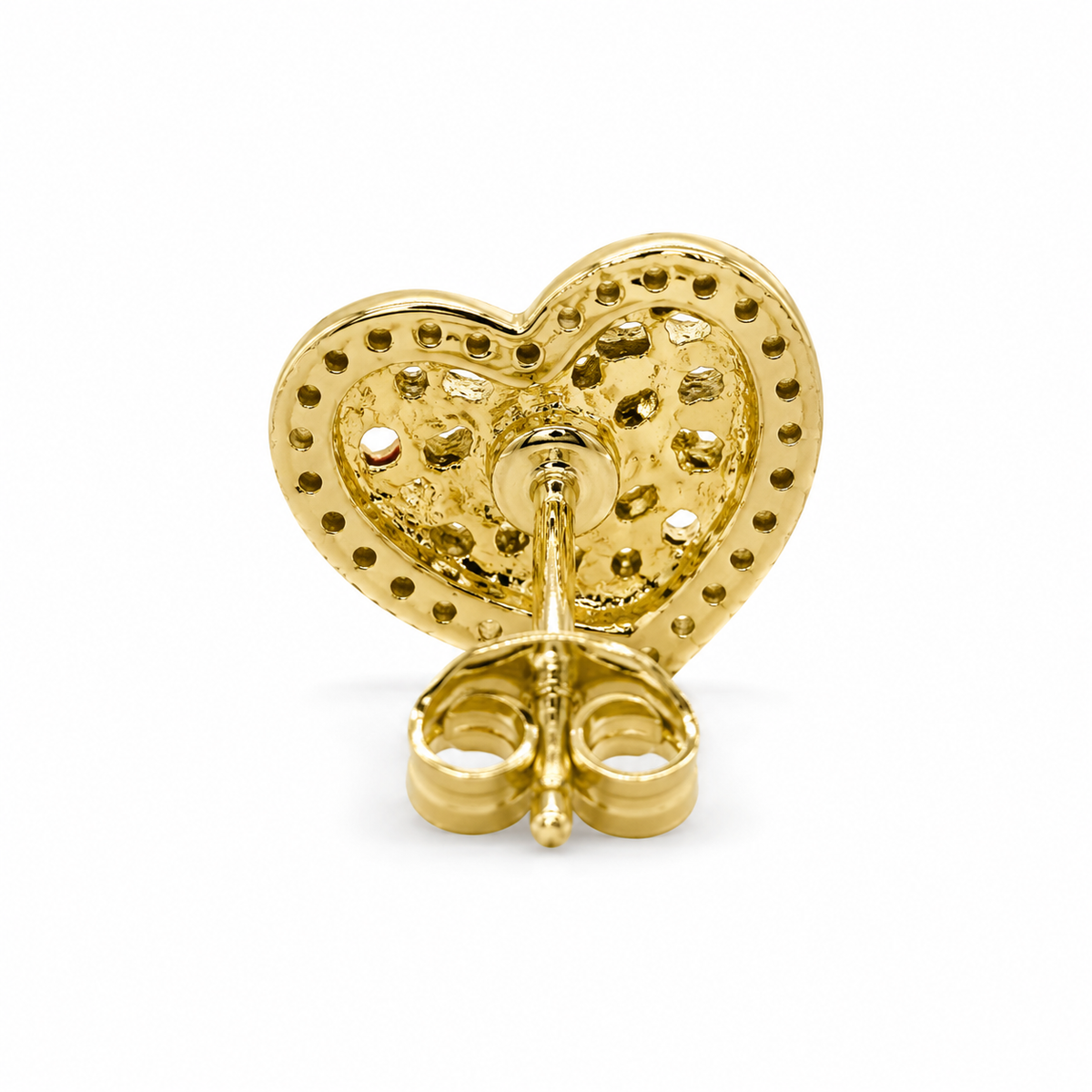 14K Yellow Gold Heart Nugget Earrings with CZ Border - back view