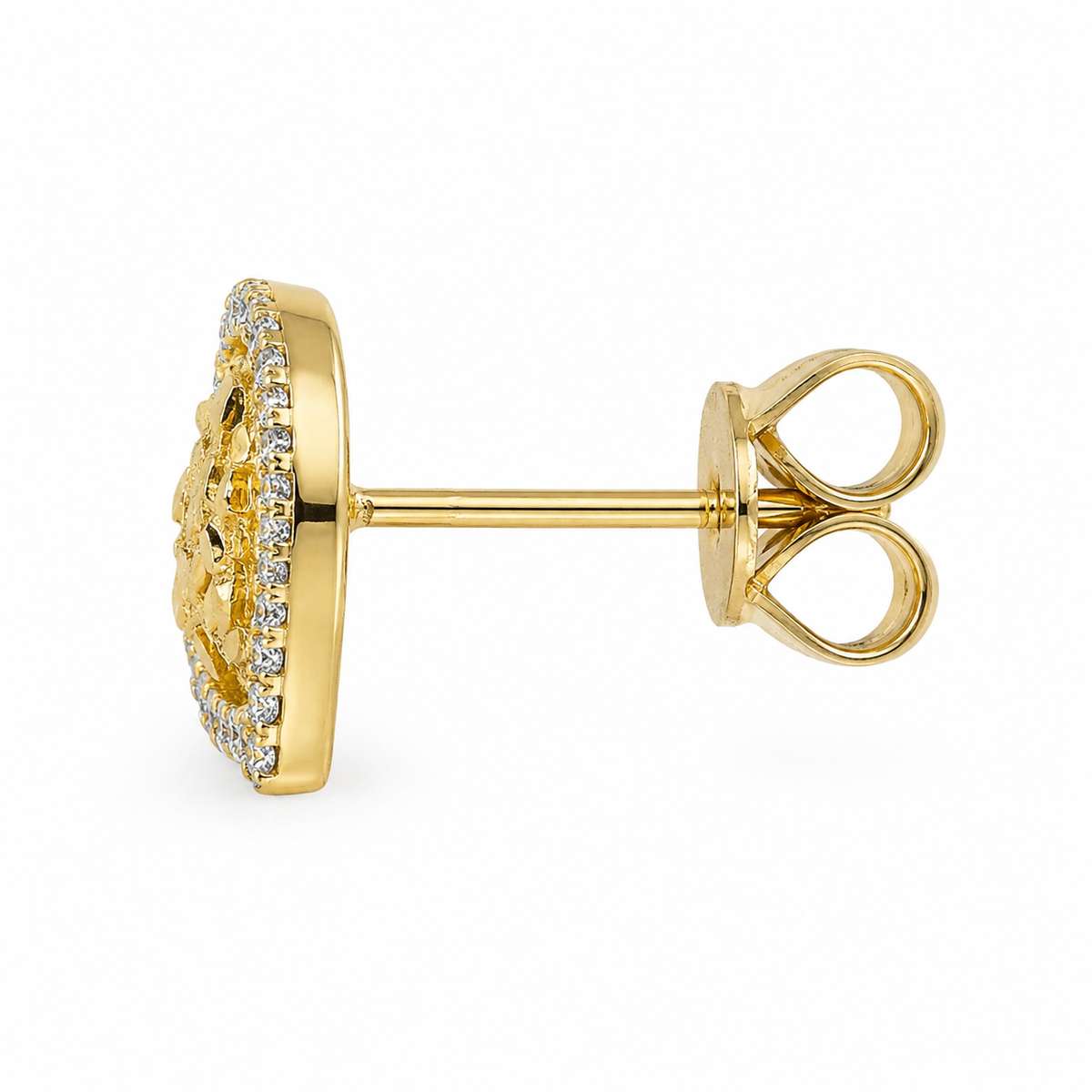 14K Yellow Gold Heart Nugget Earrings with CZ Border - side view