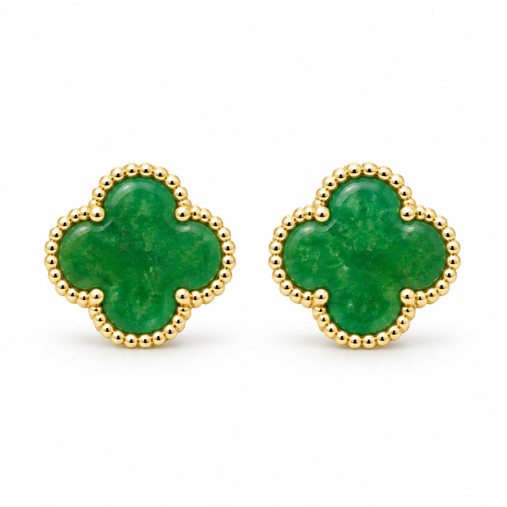 14K Yellow Gold Jade Clover Earrings - front view