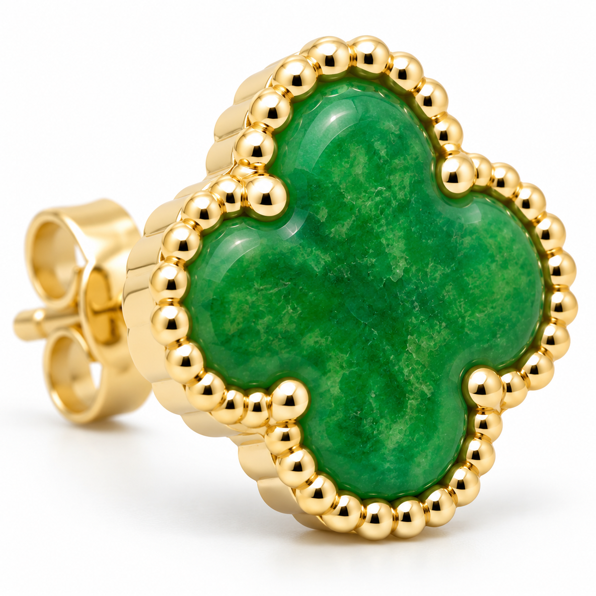 14K Yellow Gold Jade Clover Earrings - macro detail