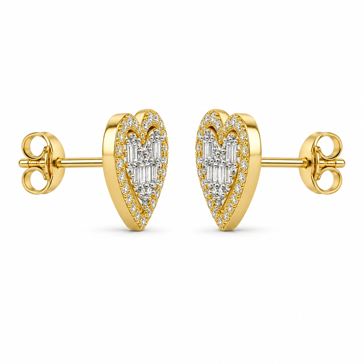 14K Yellow Gold Natural Diamond Princess Heart Earrings (Screwback) - side view