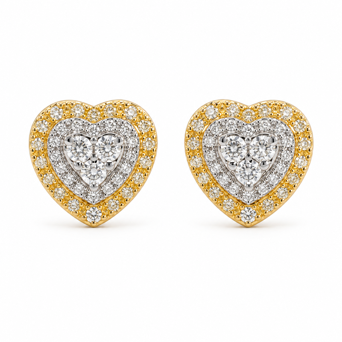 14K Yellow Gold Natural Diamond Three Tier Heart Earrings (Screwbacks) - front view