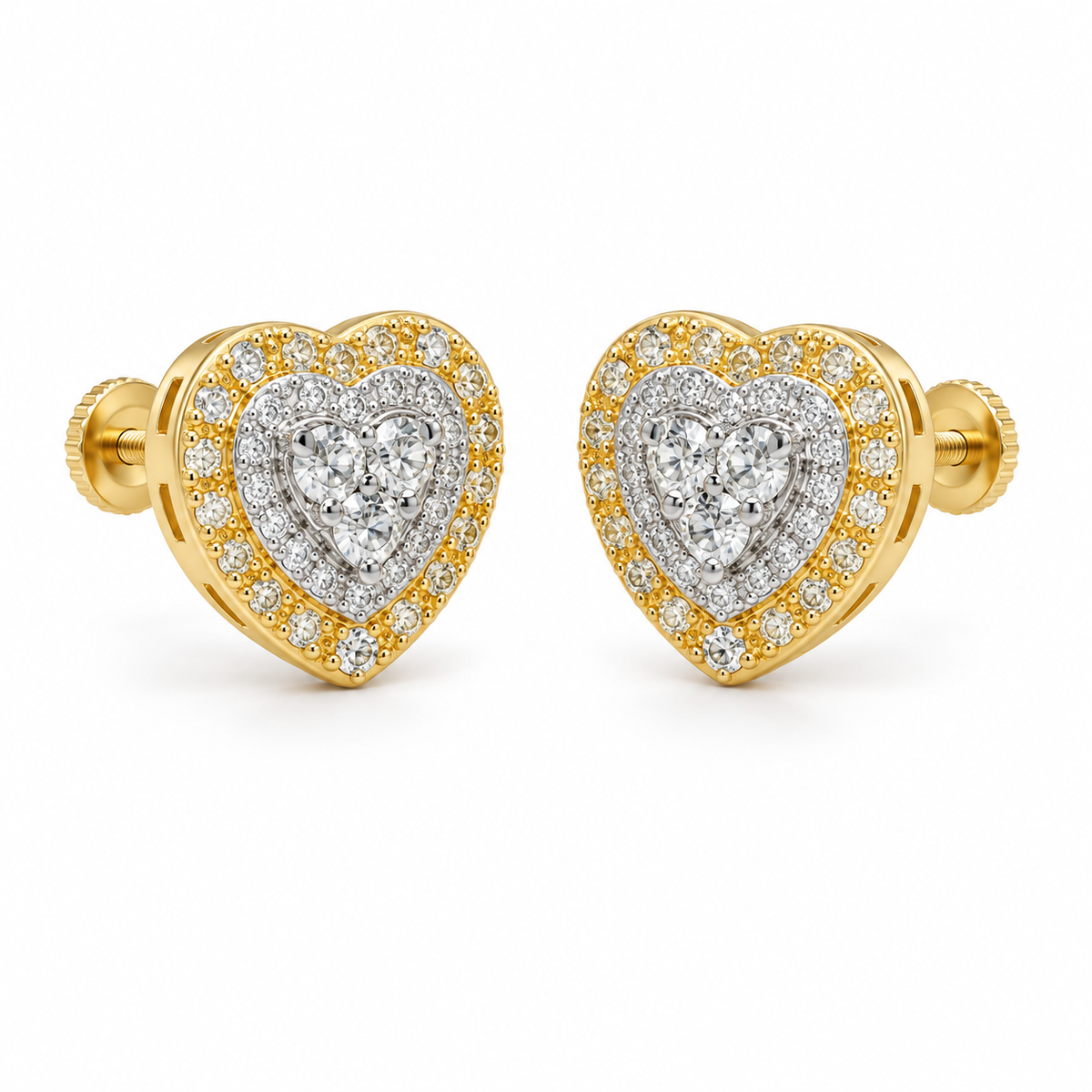 14K Yellow Gold Natural Diamond Three Tier Heart Earrings (Screwbacks) - 45 degree view