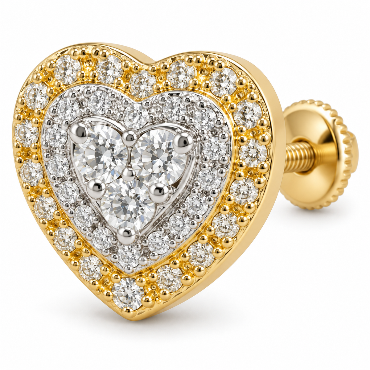 14K Yellow Gold Natural Diamond Three Tier Heart Earrings (Screwbacks) - macro detail