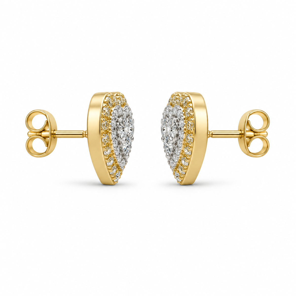 14K Yellow Gold Natural Diamond Three Tier Heart Earrings (Screwbacks) - side view