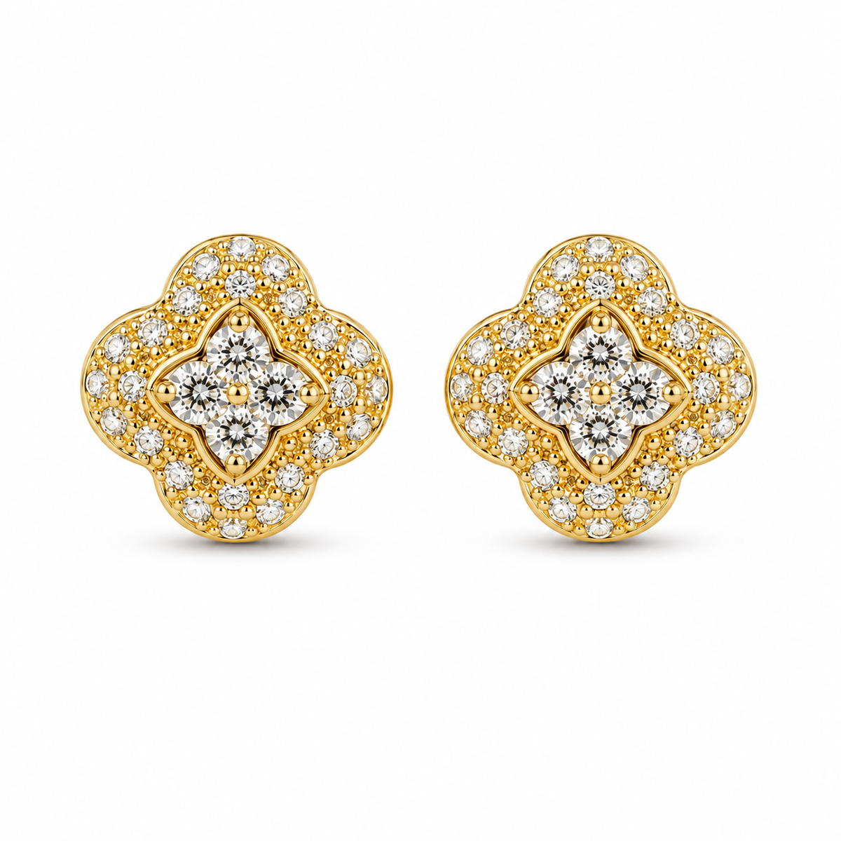 14K Yellow Gold Natural Diamond Two Tier Clover Earrings (Screwback) - front view
