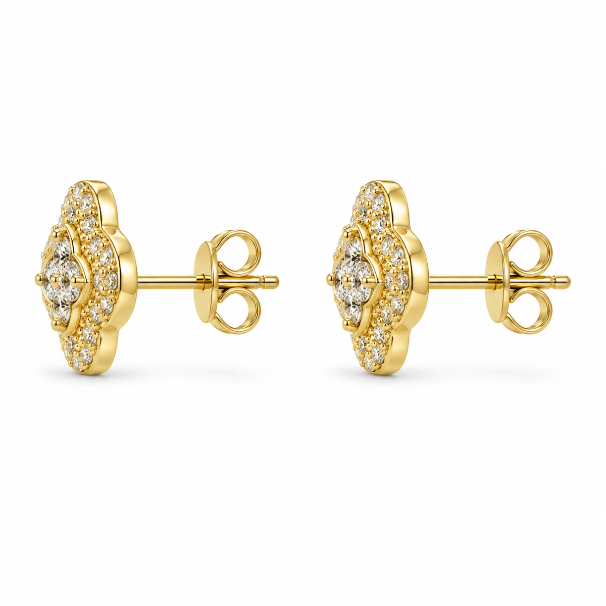 14K Yellow Gold Natural Diamond Two Tier Clover Earrings (Screwback) - side view