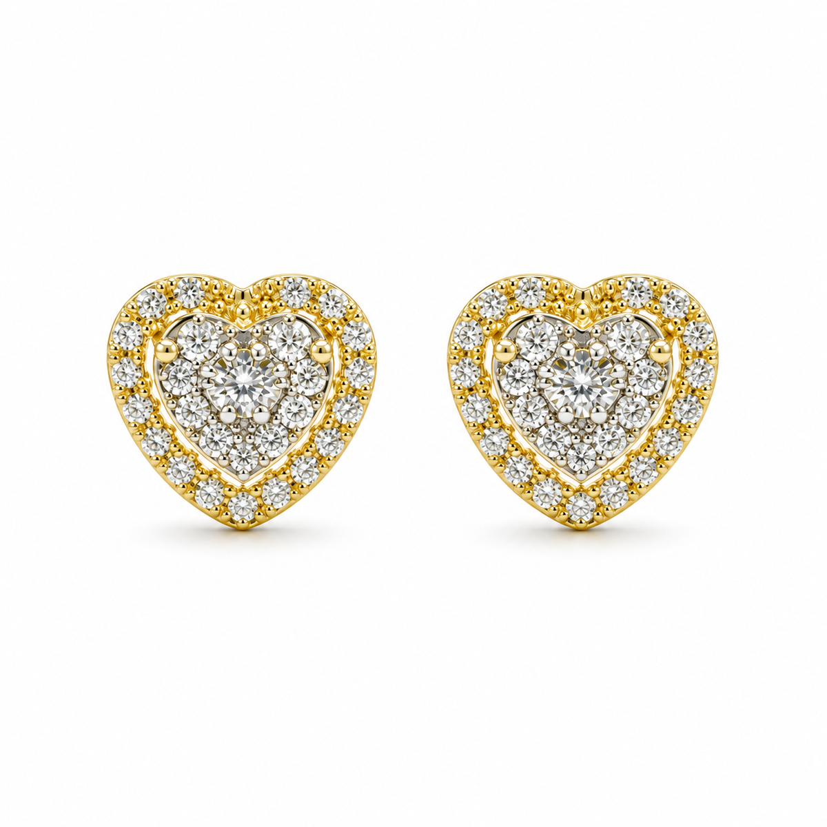 14K Yellow Gold Natural Diamond Two Tier Heart Earrings (Screwbacks) - front view