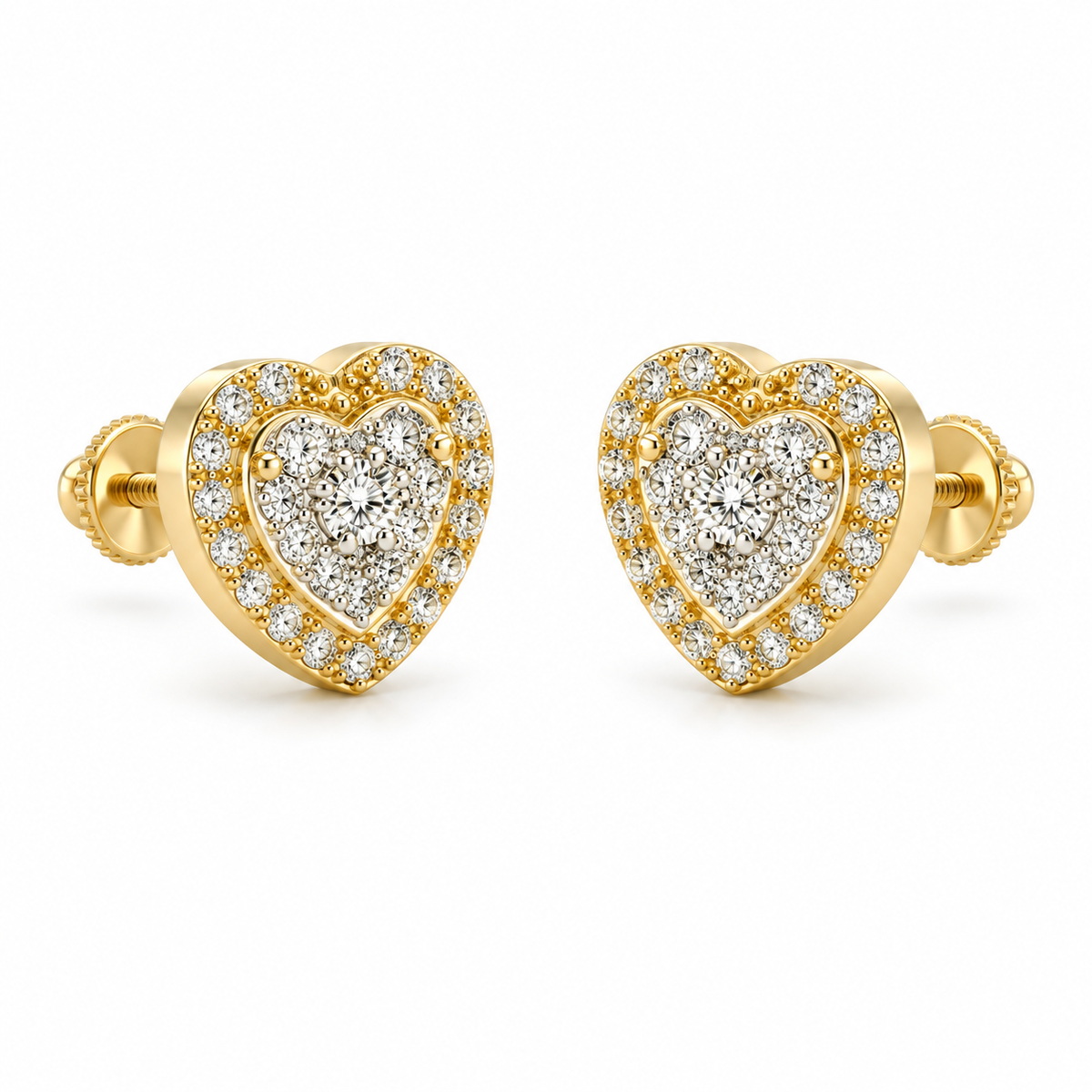 14K Yellow Gold Natural Diamond Two Tier Heart Earrings (Screwbacks) - 45 degree view