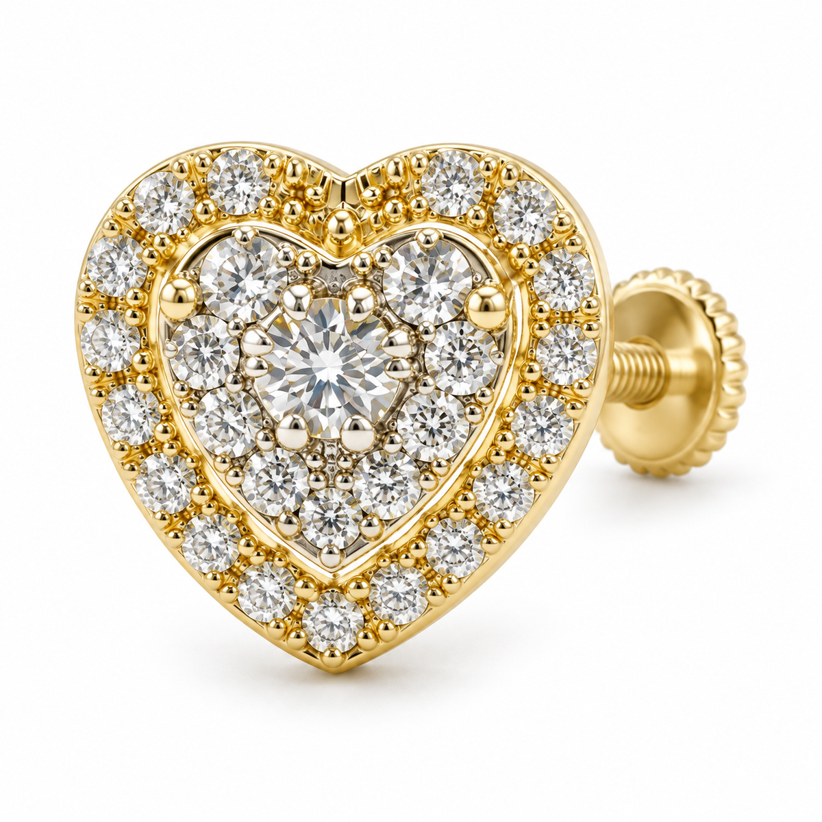 14K Yellow Gold Natural Diamond Two Tier Heart Earrings (Screwbacks) - macro detail