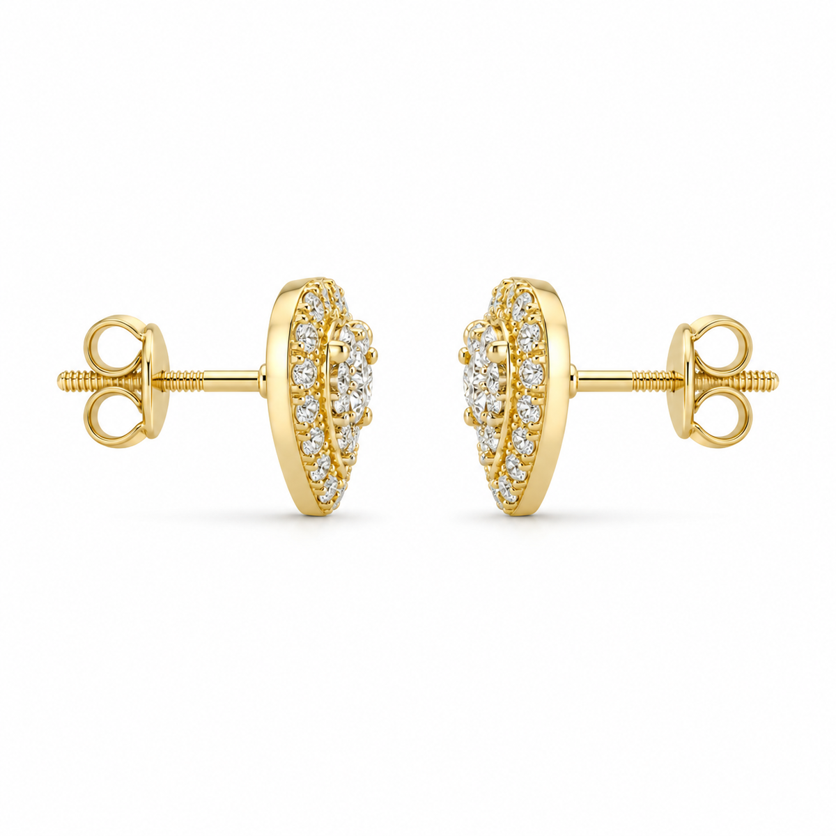 14K Yellow Gold Natural Diamond Two Tier Heart Earrings (Screwbacks) - side view