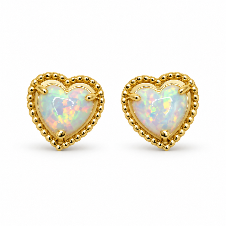 14K Yellow Gold Opal Heart Earrings - front view