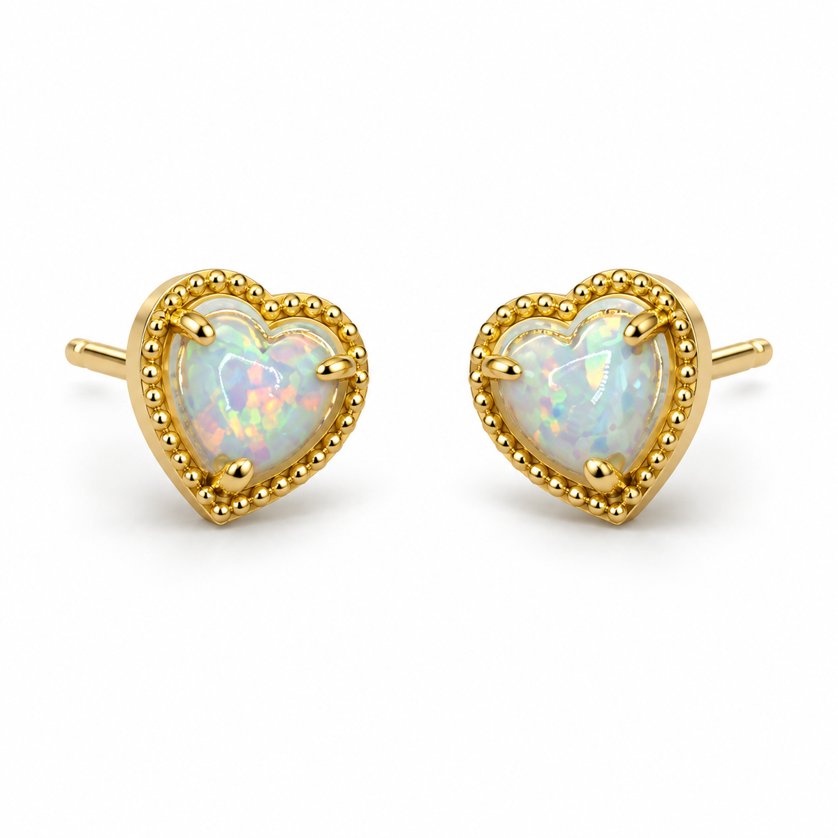 14K Yellow Gold Opal Heart Earrings - 45 degree view
