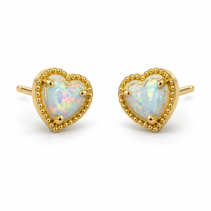 14K Yellow Gold Opal Heart Earrings - front view