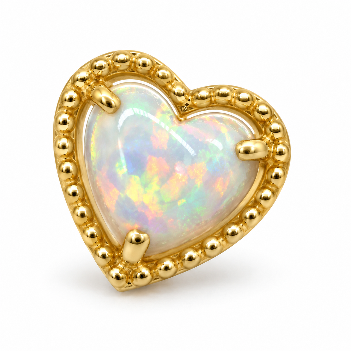 14K Yellow Gold Opal Heart Earrings - macro detail