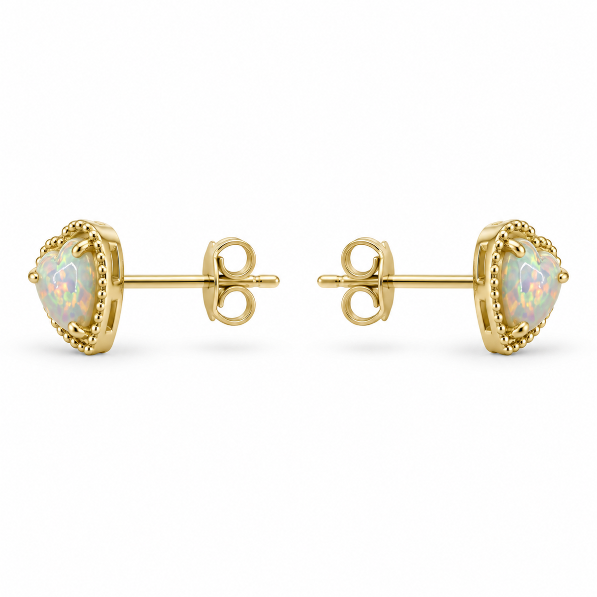 14K Yellow Gold Opal Heart Earrings - side view