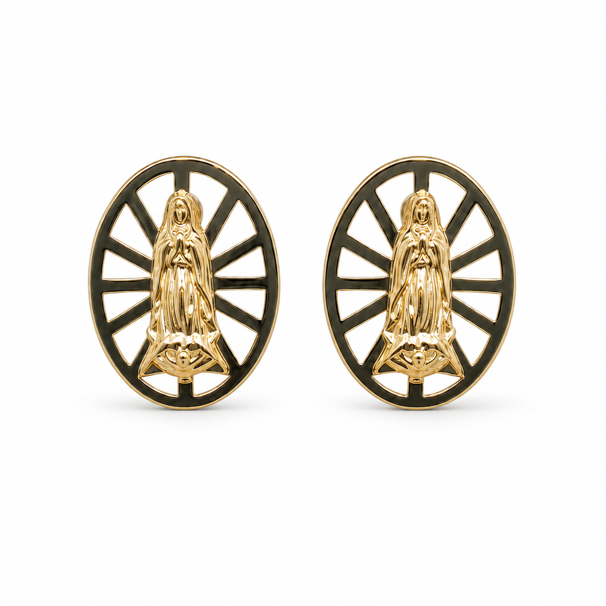 14K Yellow Gold Oval Virgin Mary Baby Earrings - front view