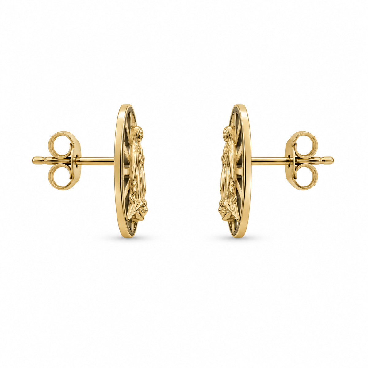 14K Yellow Gold Oval Virgin Mary Baby Earrings - side view