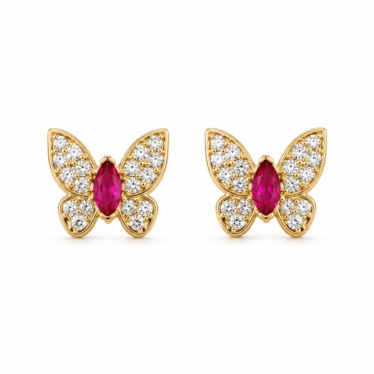 14K Yellow Gold Pink CZ Butterfly Earrings - front view