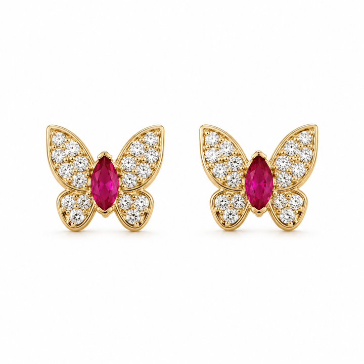 14K Yellow Gold Pink CZ Butterfly Earrings - front view
