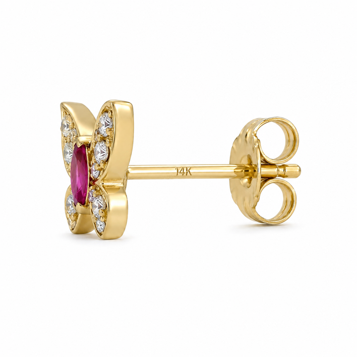 14K Yellow Gold Pink CZ Butterfly Earrings - front view