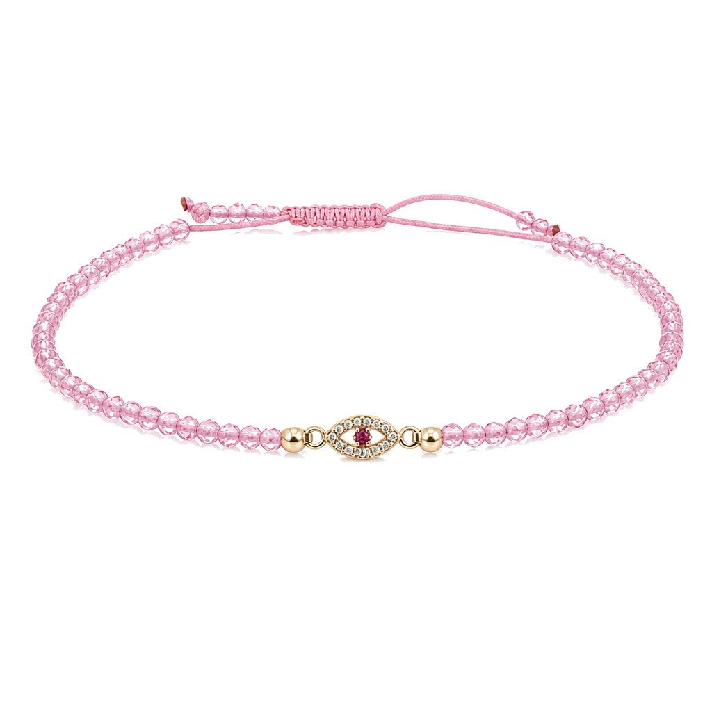 14K Gold Beaded Red Evil Eye Bracelet - Light Pink — 14K real gold jewelry from STF Diamonds, Los Angeles