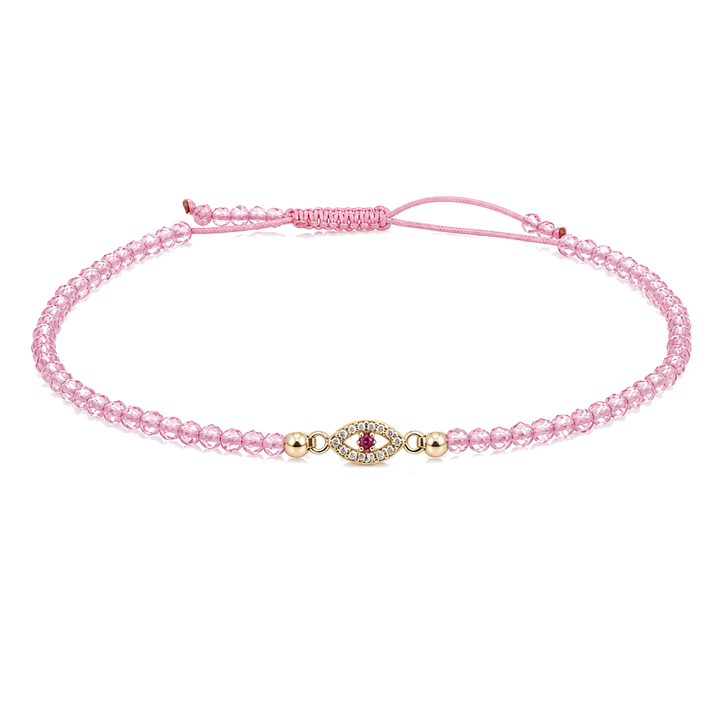 14K Gold Beaded Red Evil Eye Bracelet - Light Pink — 14K real gold jewelry from STF Diamonds, Los Angeles
