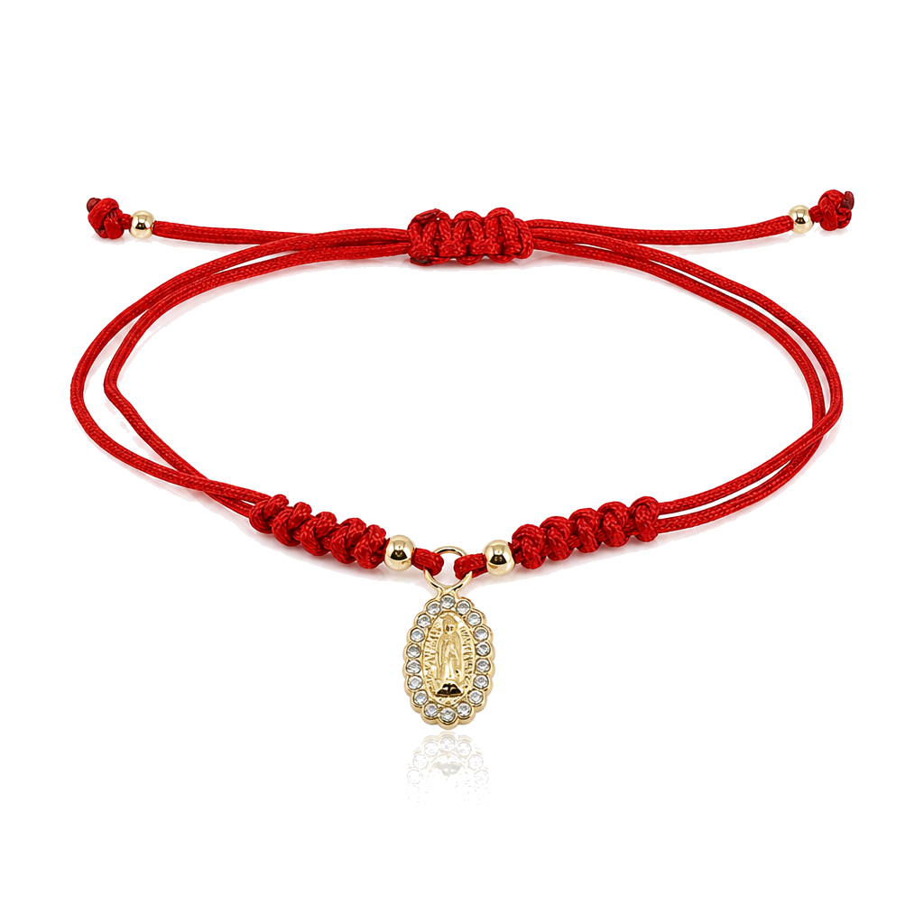 14K Gold Braided Virgin Mary Bracelet - Red — 14K real gold jewelry from STF Diamonds, Los Angeles