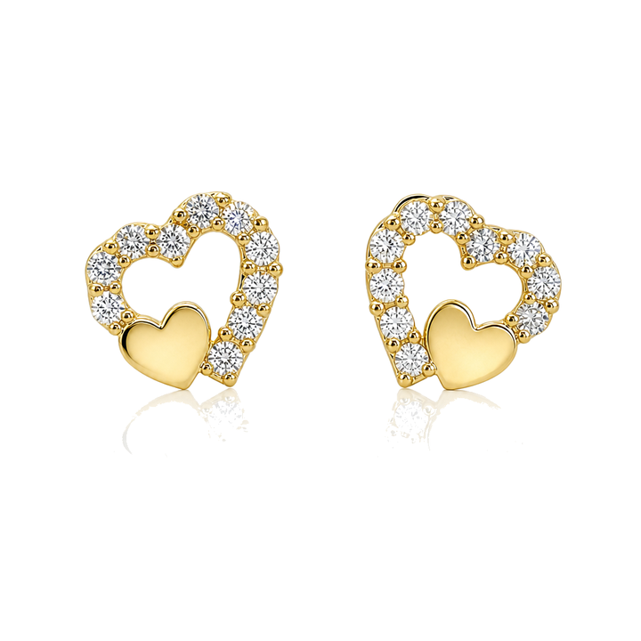 14K Gold Double Heart CZ Baby Earrings — 14K solid gold jewelry from STF Diamonds, Los Angeles