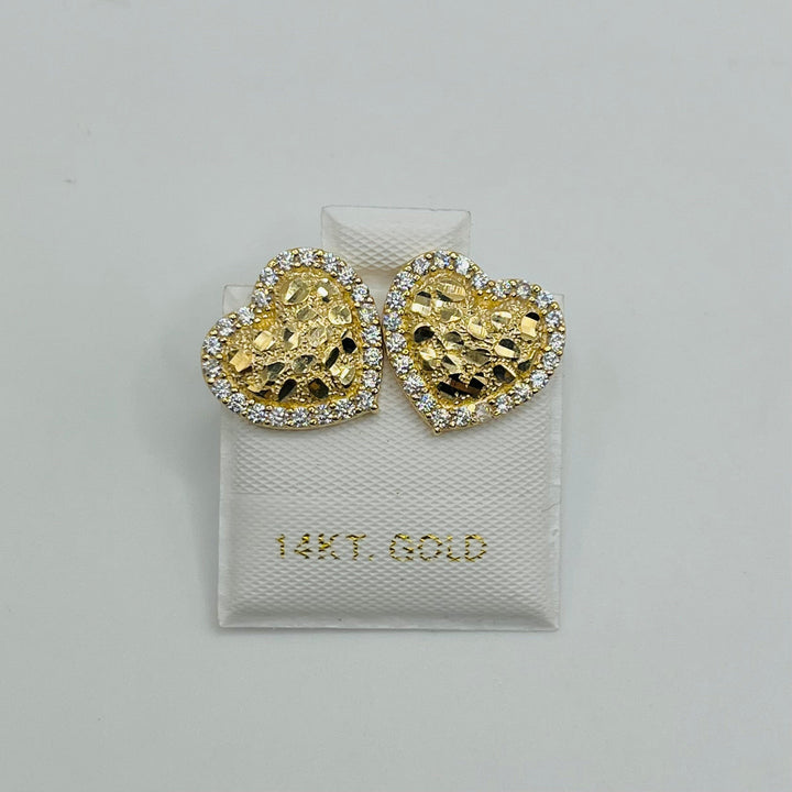 14K Yellow Gold Heart Nugget Earrings with CZ Border