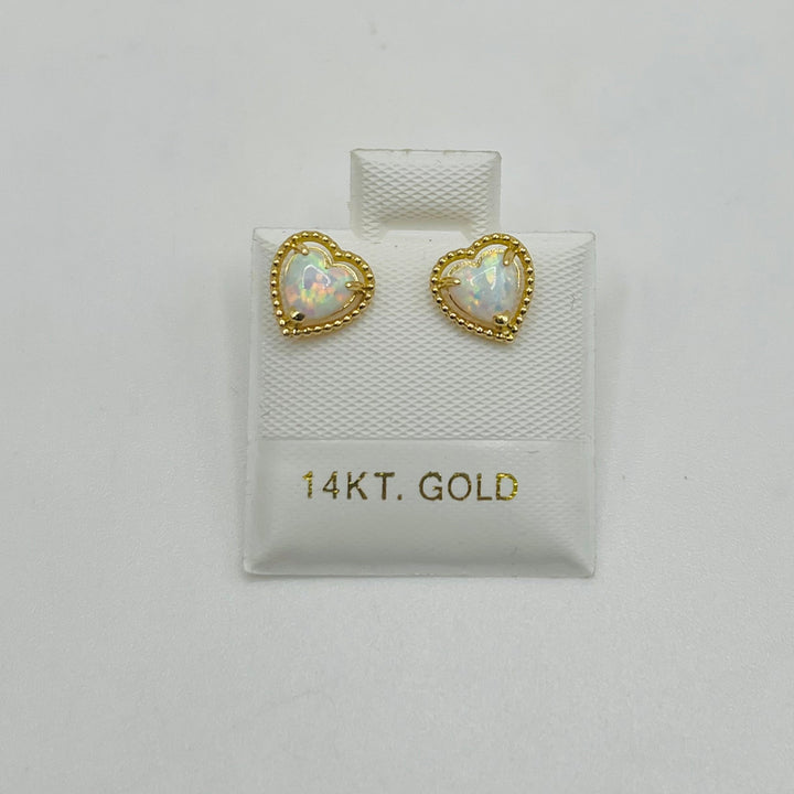 14K Yellow Gold Opal Heart Earrings
