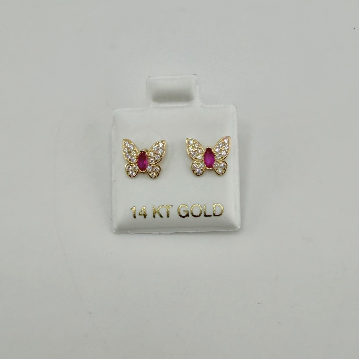 14K Yellow Gold Pink CZ Butterfly Earrings
