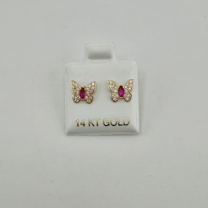 14K Yellow Gold Pink CZ Butterfly Earrings