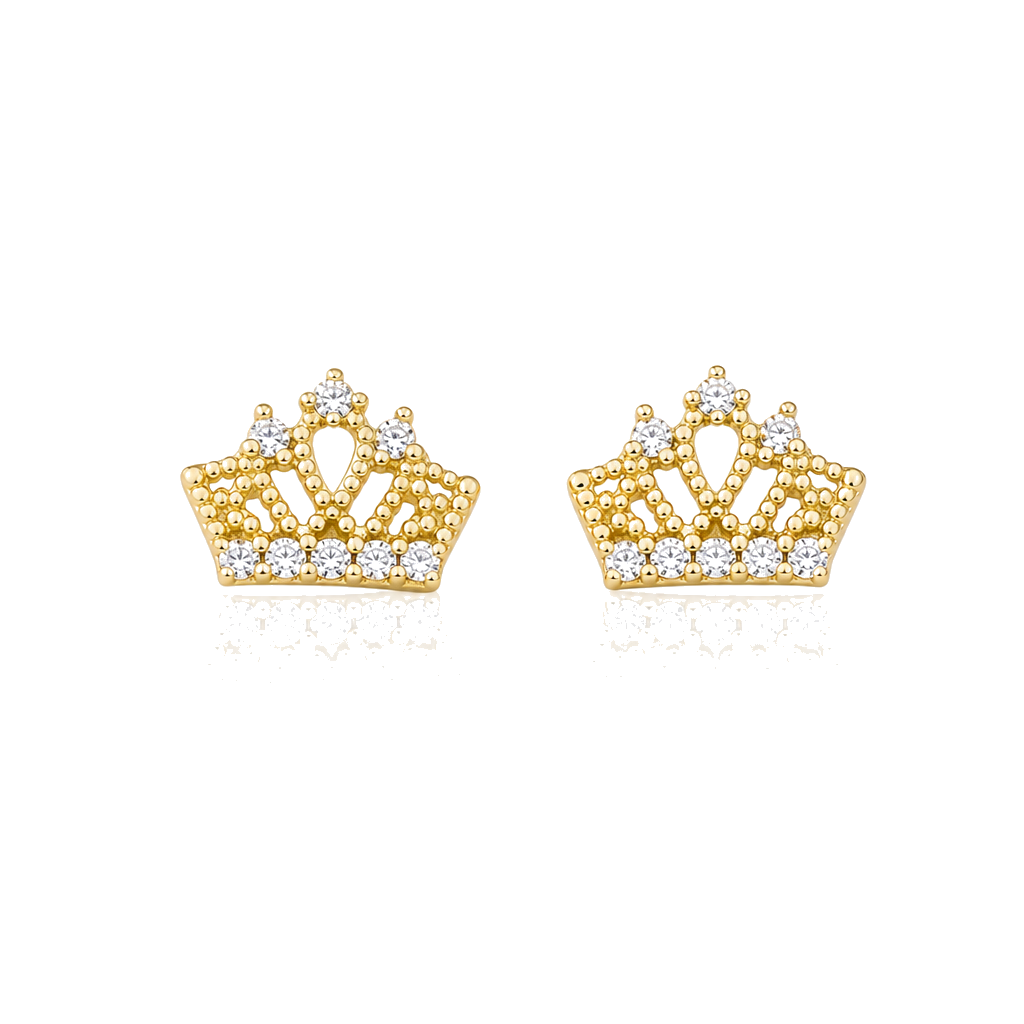 14K Gold Princess Crown CZ Baby Earrings — 14K real gold jewelry from STF Diamonds, Los Angeles