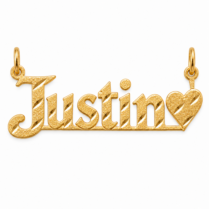 14K Solid Yellow Gold Justin Single Nameplate with Heart (Diamond-Cut)