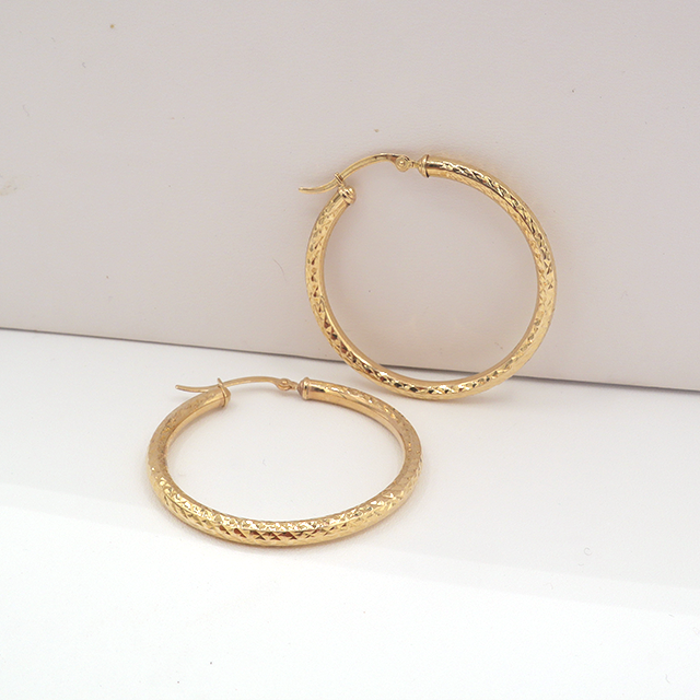 10K Solid Yellow Gold Diamond-Cut Palm Tree Bow Hoop Earrings