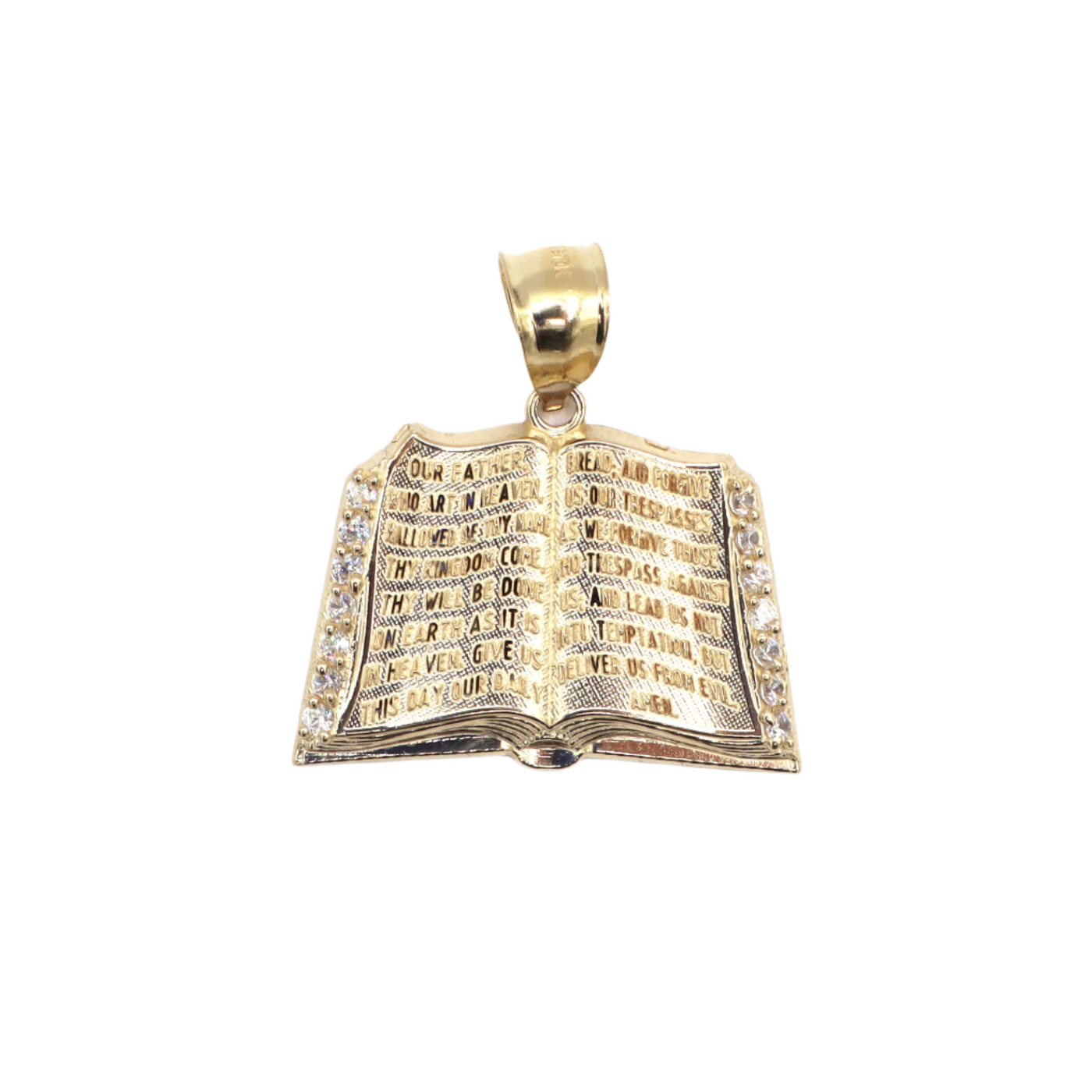 10K Solid Yellow Gold Prayer Bible CZ Charm Pendant