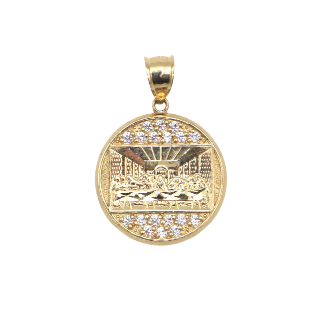 10K Solid Yellow Gold Jesus Last Supper Round CZ Pendant