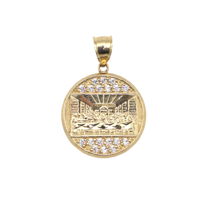 10K Solid Yellow Gold Jesus Last Supper Round CZ Pendant