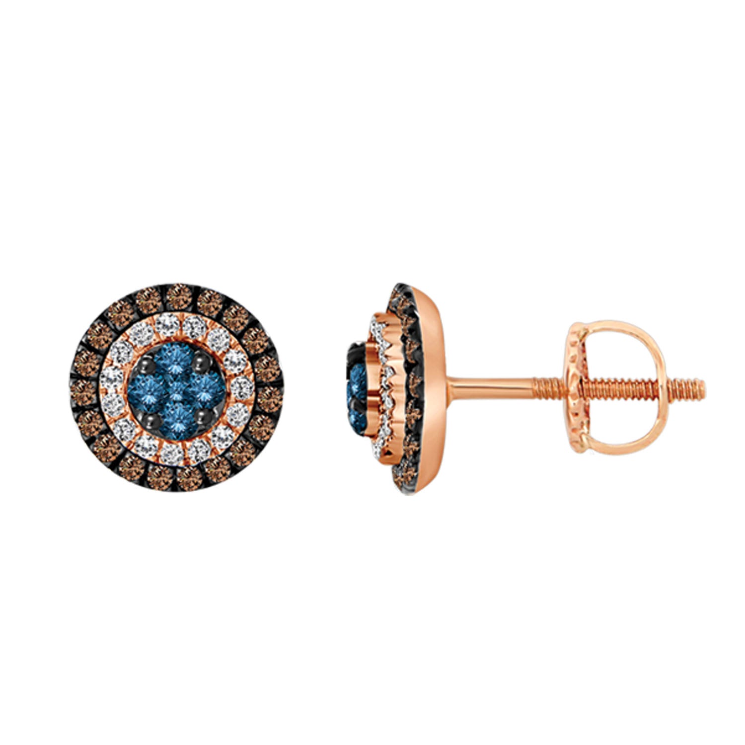 LADIES EARRINGS 1.00CT ROUND/BLUE SAPPHIRE/DARK BROWN DIAMOND 14K ROSE GOLD