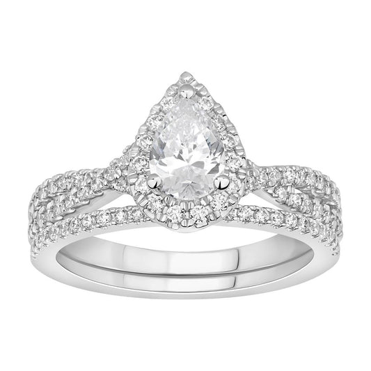 LADIES BRIDAL SET 1.00CT ROUND DIAMOND 14K WHITE GOLD (SI QUALITY) (CENTER STONE 0.50CT PEAR DIAMOND)