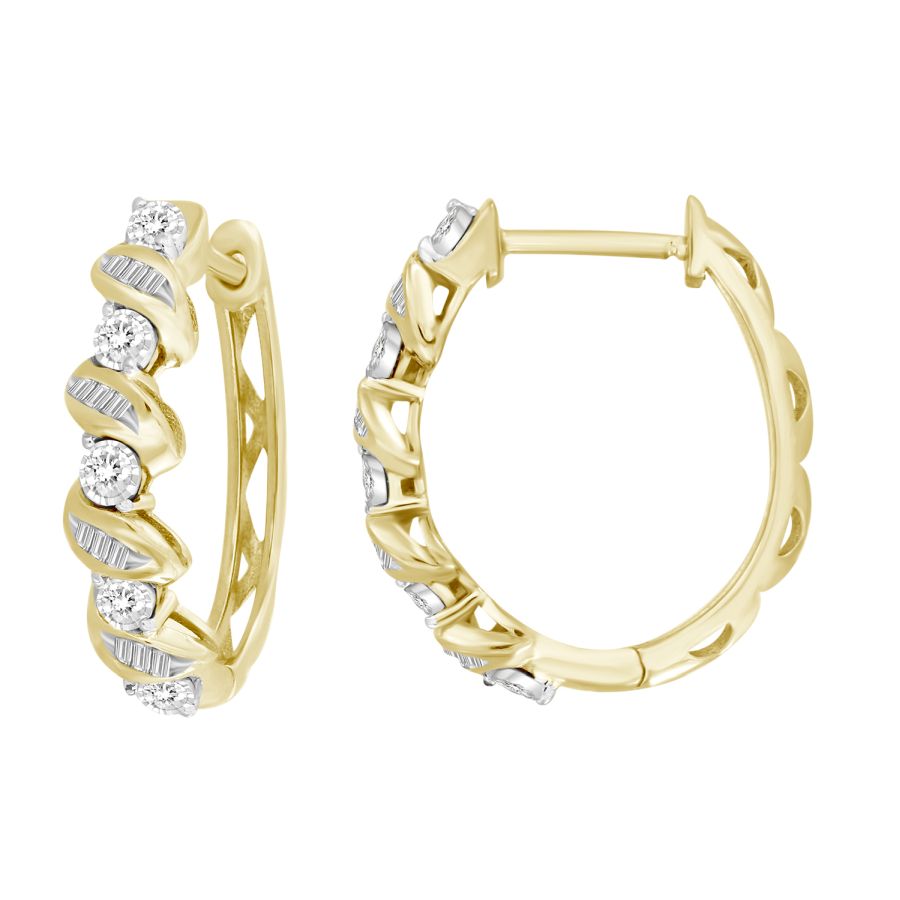 LADIES HOOP EARRINGS 0.25CT ROUND/BAGUETTE DIAMOND 10K YELLOW GOLD