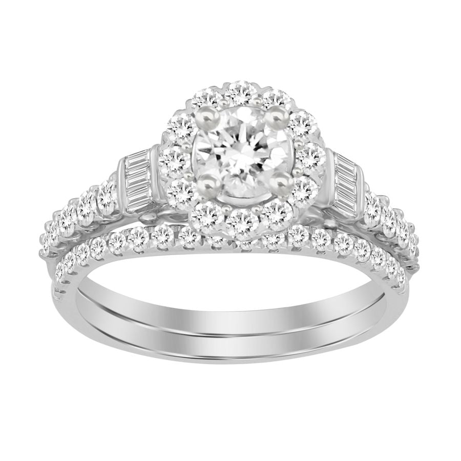 LADIES BRIDAL SET 1.00CT ROUND/BAGUETTE DIAMOND 14K WHITE GOLD (CENTER STONE 0.33CT ROUND DIAMOND)